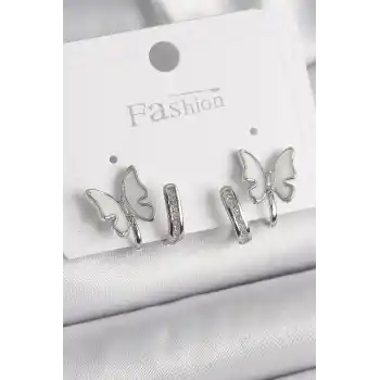 Pirinç Gümüş Renk Zirkon Taş Detaylı Beyaz Sedefli Kelebek Model Kadın Küpe