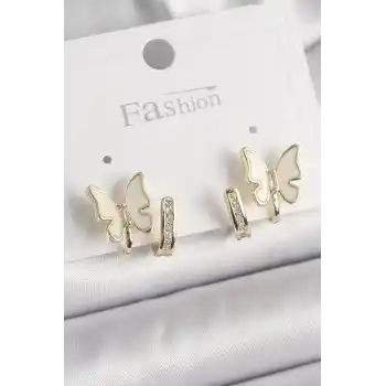 Pirinç Gümüş Renk Zirkon Taş Detaylı Beyaz Sedefli Kelebek Model Kadın Küpe