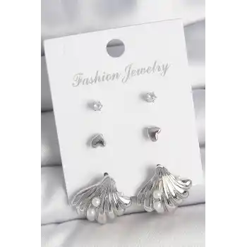 Pirinç Gümüş Renk Zirkon Taş Detaylı İnci Detaylı Deniz Kabuğu Model 3 Çift Kadın Küpe