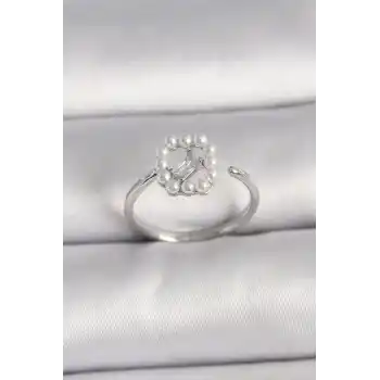 Pirinç Gümüş Renk Zirkon Taş Detaylı İncili Ayarlanabilir Yüzük