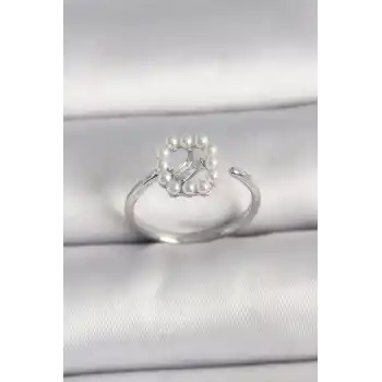 Pirinç Gümüş Renk Zirkon Taş Detaylı İncili Ayarlanabilir Yüzük