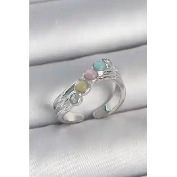 Pirinç Gümüş Renk Zirkon Taş Detaylı Renkli Mineli Ayarlanabilir Kadın Yüzük