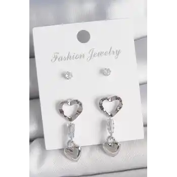 Pirinç Gümüş Renk Zirkon Taş Detaylı Sallantı Model 2 Çift Kadın Küpe Seti