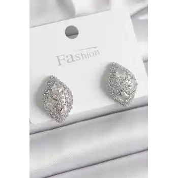 Pirinç Gümüş Renk Zirkon Taş İşlemeli Damla Model Kadın Küpe