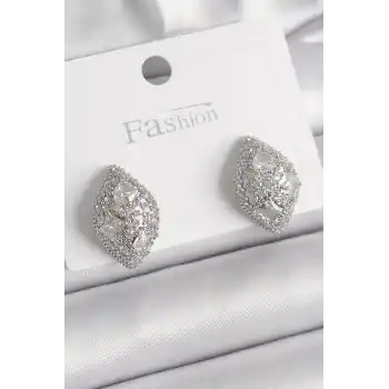 Pirinç Gümüş Renk Zirkon Taş İşlemeli Damla Model Kadın Küpe
