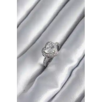 Pirinç Gümüş Renk Zirkon Taş Kalp Charm Model Kadın Yüzük