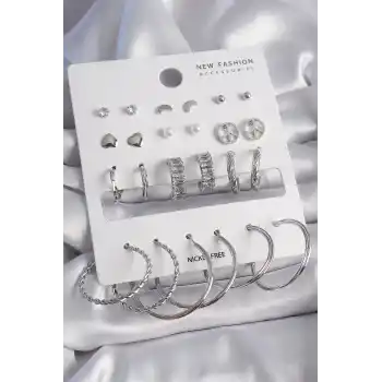 Pirinç Gümüş Renk Zirkon Taşlı 12 Çift Kadın Küpe Seti