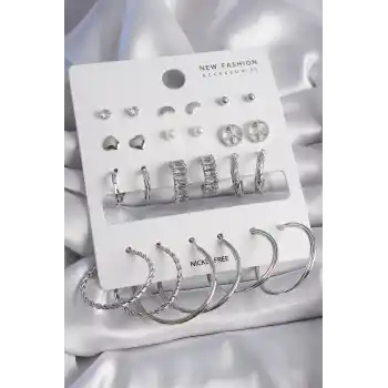 Pirinç Gümüş Renk Zirkon Taşlı 12 Çift Kadın Küpe Seti