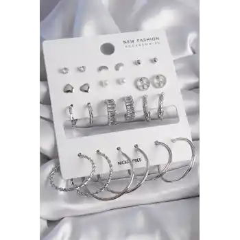 Pirinç Gümüş Renk Zirkon Taşlı 12 Çift Kadın Küpe Seti