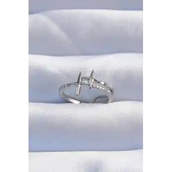 Pirinç Gümüş Renk Zirkon Taşlı 2li Görünüm Ayarlanabilir Yıldız Model Yüzük