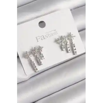 Pirinç Gümüş Renk Zirkon Taşlı 3Lü Sallantı Yıldız Model Kadın Küpe