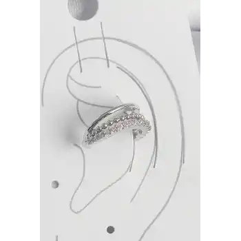 Pirinç Gümüş Renk Zirkon Taşlı 3Lü Sıralı Kadın Kıkırdak Küpe