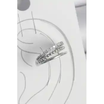 Pirinç Gümüş Renk Zirkon Taşlı 3Lü Sıralı Model Kadın Kıkırdak Küpe