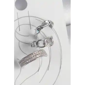 Pirinç Gümüş Renk Zirkon Taşlı 3Lü Zincir Sarmal Model Kadın Kıkırdak Küpe