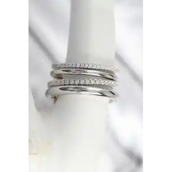 Pirinç Gümüş Renk Zirkon Taşlı 4Lü Kadın Yüzük