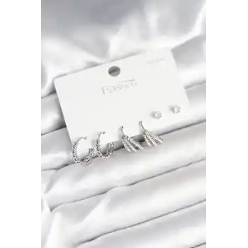 Pirinç Gümüş Renk Zirkon Taşlı 925 Gümüş Çivili Kadın Küpe Seti