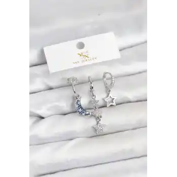 Pirinç Gümüş Renk Zirkon Taşlı Ay ve Yıldız Model YSX Trio Küpe Seti