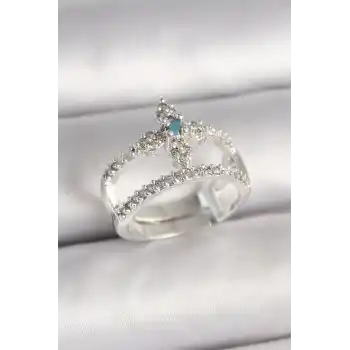 Pirinç Gümüş Renk Zirkon Taşlı Ayarlanabilir Model Kadın Yüzük