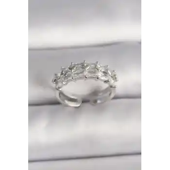 Pirinç Gümüş Renk Zirkon Taşlı Ayarlanabilir Yüzük