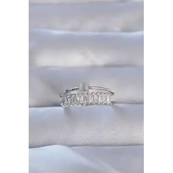 Pirinç Gümüş Renk Zirkon Taşlı Baget Su Yolu Model Ayarlanabilir Yüzük