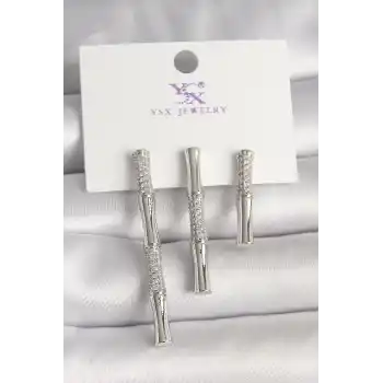 Pirinç Gümüş Renk Zirkon Taşlı Bambu Model 3Lü Kadın Kombin Küpe