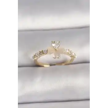 Pirinç Gümüş Renk Zirkon Taşlı Beyaz Mineli Yonca Model İnci Detay Ayarlanabilir Yüzük