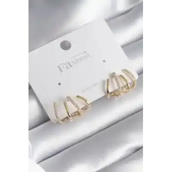 Pirinç Gümüş Renk Zirkon Taşlı Çatal Model Kadın Küpe