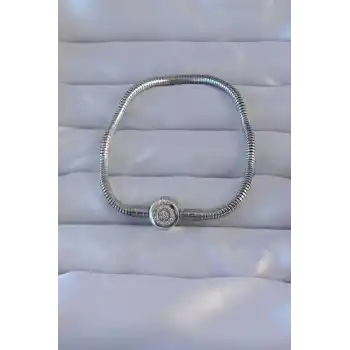 Pirinç Gümüş Renk Zirkon Taşlı Charm Bileklik