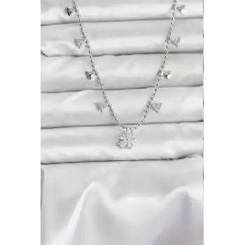 Pirinç Gümüş Renk Zirkon Taşlı Çiçek Model Kadın Kolye