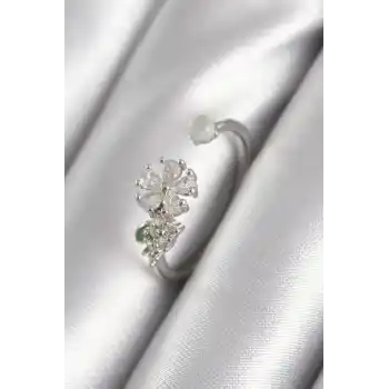 Pirinç Gümüş Renk Zirkon Taşlı Çiçek Model Kadın Yüzük