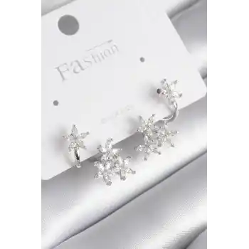 Pirinç Gümüş Renk Zirkon Taşlı Çiçek Tasarım Kadın Küpe