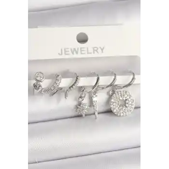 Pirinç Gümüş Renk Zirkon Taşlı Çoklu Figür Kadın Küpe Seti