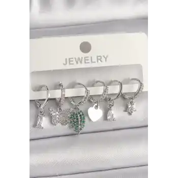 Pirinç Gümüş Renk Zirkon Taşlı Çoklu Figür Kadın Küpe Seti