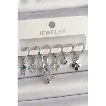 Pirinç Gümüş Renk Zirkon Taşlı Çoklu Figür Kadın Küpe Seti