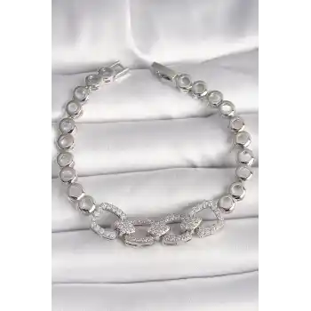 Pirinç Gümüş Renk Zirkon Taşlı Daire Zincir Model Kadın Bileklik