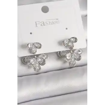 Pirinç Gümüş Renk Zirkon Taşlı Damla Model Kadın Küpe