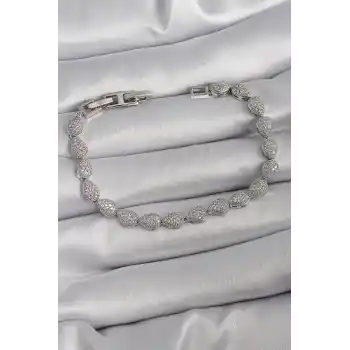 Pirinç Gümüş Renk Zirkon Taşlı Damla Model VIP Seri Kadın Bileklik