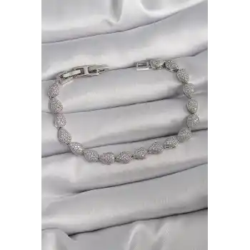 Pirinç Gümüş Renk Zirkon Taşlı Damla Model VIP Seri Kadın Bileklik