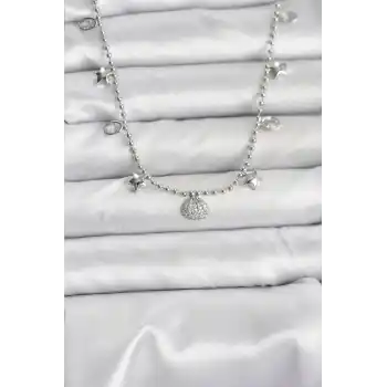 Pirinç Gümüş Renk Zirkon Taşlı Deniz Kabuğu Model Kadın Kolye