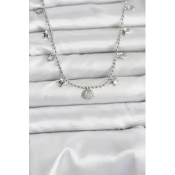 Pirinç Gümüş Renk Zirkon Taşlı Deniz Kabuğu Model Kadın Kolye