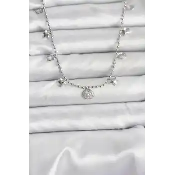 Pirinç Gümüş Renk Zirkon Taşlı Deniz Kabuğu Model Kadın Kolye