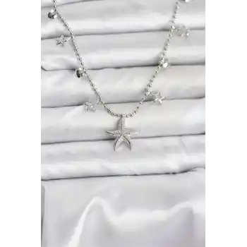 Pirinç Gümüş Renk Zirkon Taşlı Deniz Yıldızı Model Kadın Kolye