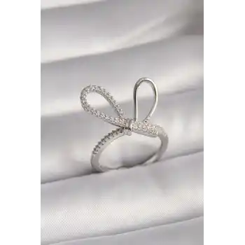 Pirinç Gümüş Renk Zirkon Taşlı Düğüm Model Kadın Yüzük
