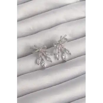Pirinç Gümüş Renk Zirkon Taşlı Fiyonk Küpe