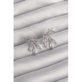 Pirinç Gümüş Renk Zirkon Taşlı Fiyonk Küpe