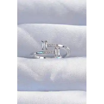 Pirinç Gümüş Renk Zirkon Taşlı Geometrik Ayarlanabilir Yüzük