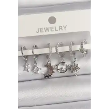 Pirinç Gümüş Renk Zirkon Taşlı Gezgen Model Kadın Küpe Seti