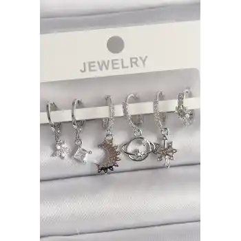 Pirinç Gümüş Renk Zirkon Taşlı Gezgen Model Kadın Küpe Seti