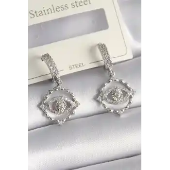 Pirinç Gümüş Renk Zirkon Taşlı Göz Model Kadın Kolye