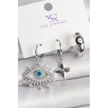 Pirinç Gümüş Renk Zirkon Taşlı Göz Model Nazar Boncuk Detay 3Lü Kadın Kombin Küpe